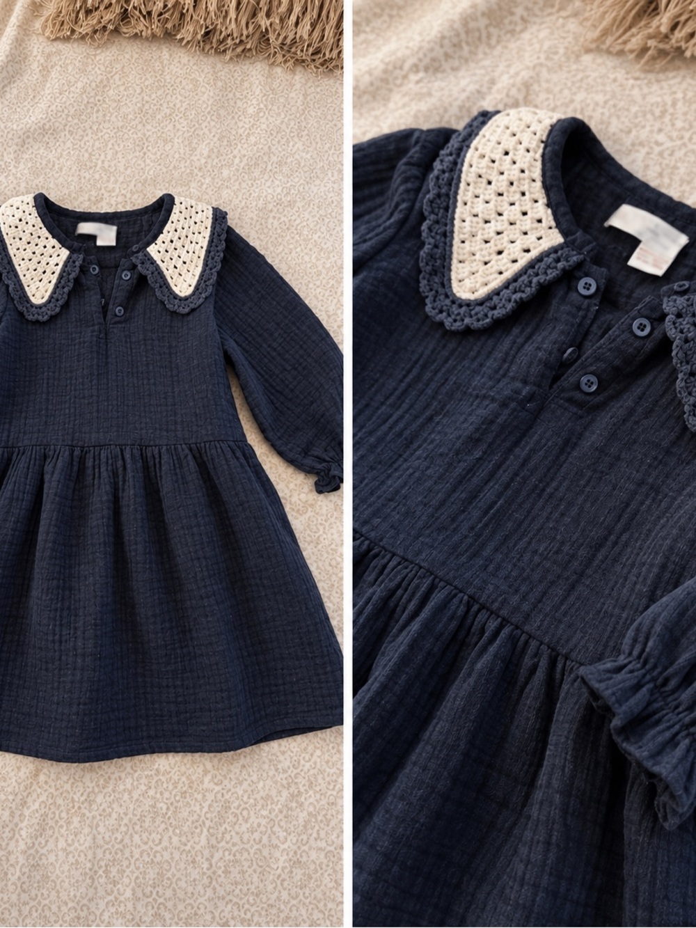 Zara Navy Kids Dress with Cream Crochet Collar
